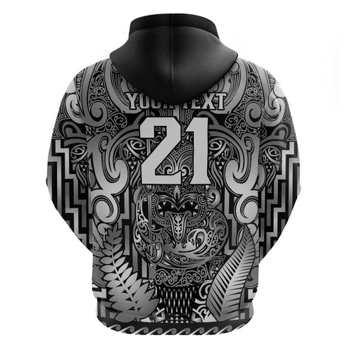 Custom New Zealand Taiaha Maori Zip Hoodie Kiwikiwi Minimalist Silver Fern Tukutuku Motif