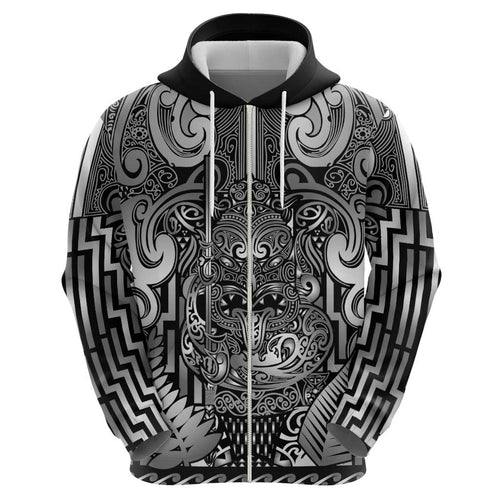 Custom New Zealand Taiaha Maori Zip Hoodie Kiwikiwi Minimalist Silver Fern Tukutuku Motif