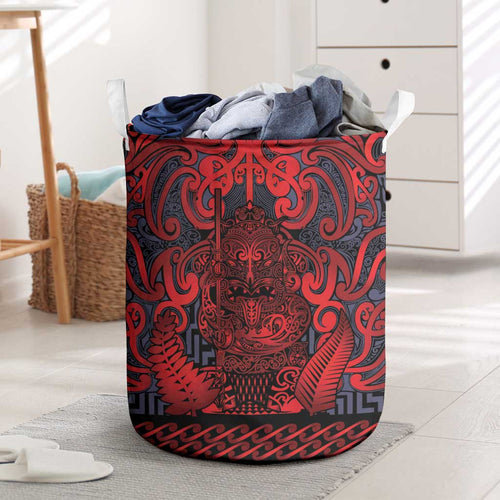 New Zealand Taiaha Maori Laundry Basket Whero Minimalist Silver Fern Tukutuku Motif