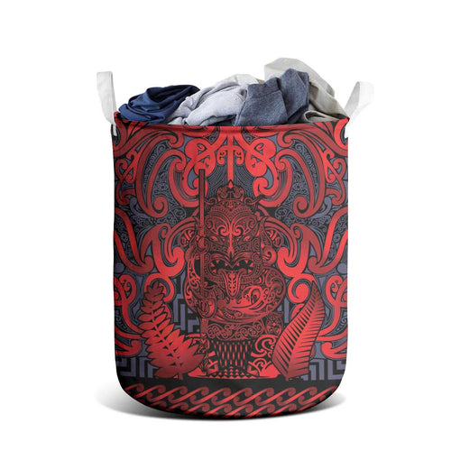 New Zealand Taiaha Maori Laundry Basket Whero Minimalist Silver Fern Tukutuku Motif