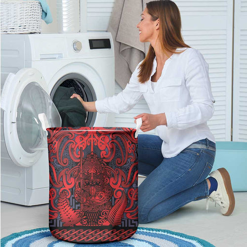 New Zealand Taiaha Maori Laundry Basket Whero Minimalist Silver Fern Tukutuku Motif