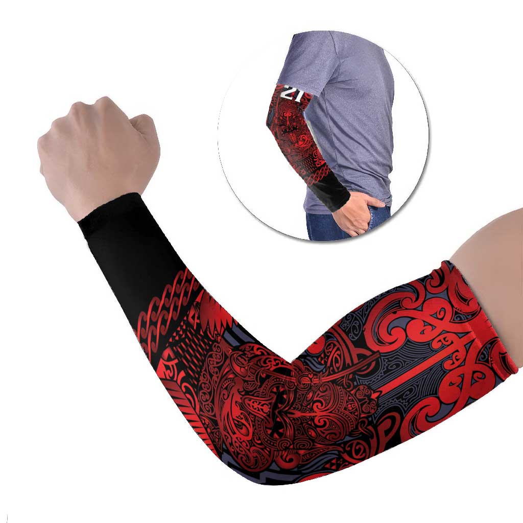 Custom New Zealand Taiaha Maori Arm Sleeves Whero Minimalist Silver Fern Tukutuku Motif