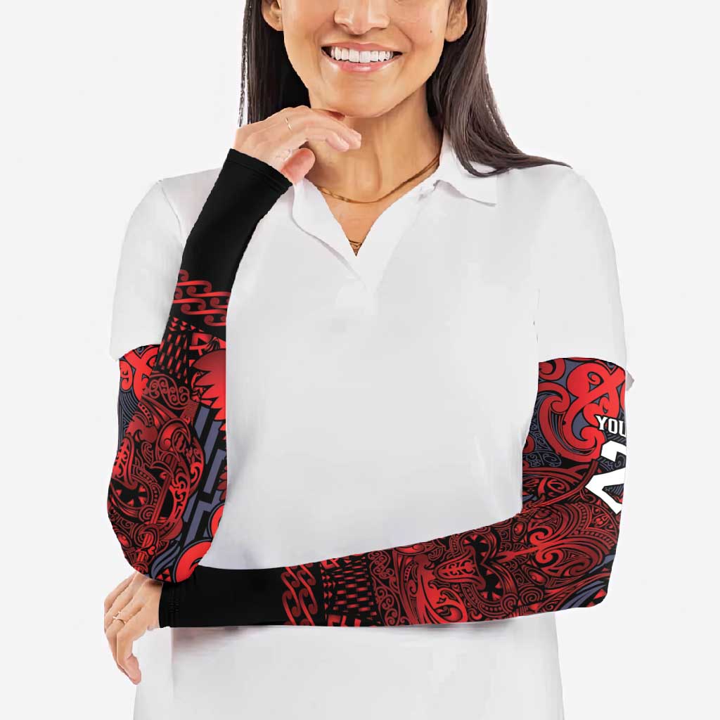 Custom New Zealand Taiaha Maori Arm Sleeves Whero Minimalist Silver Fern Tukutuku Motif