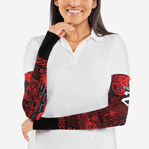 Custom New Zealand Taiaha Maori Arm Sleeves Whero Minimalist Silver Fern Tukutuku Motif