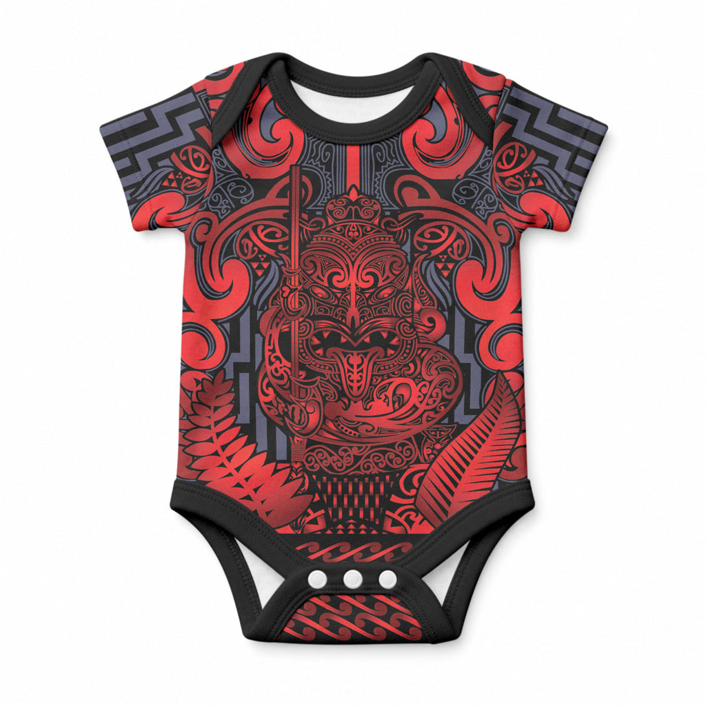 Custom New Zealand Taiaha Maori Baby Onesie Whero Minimalist Silver Fern Tukutuku Motif
