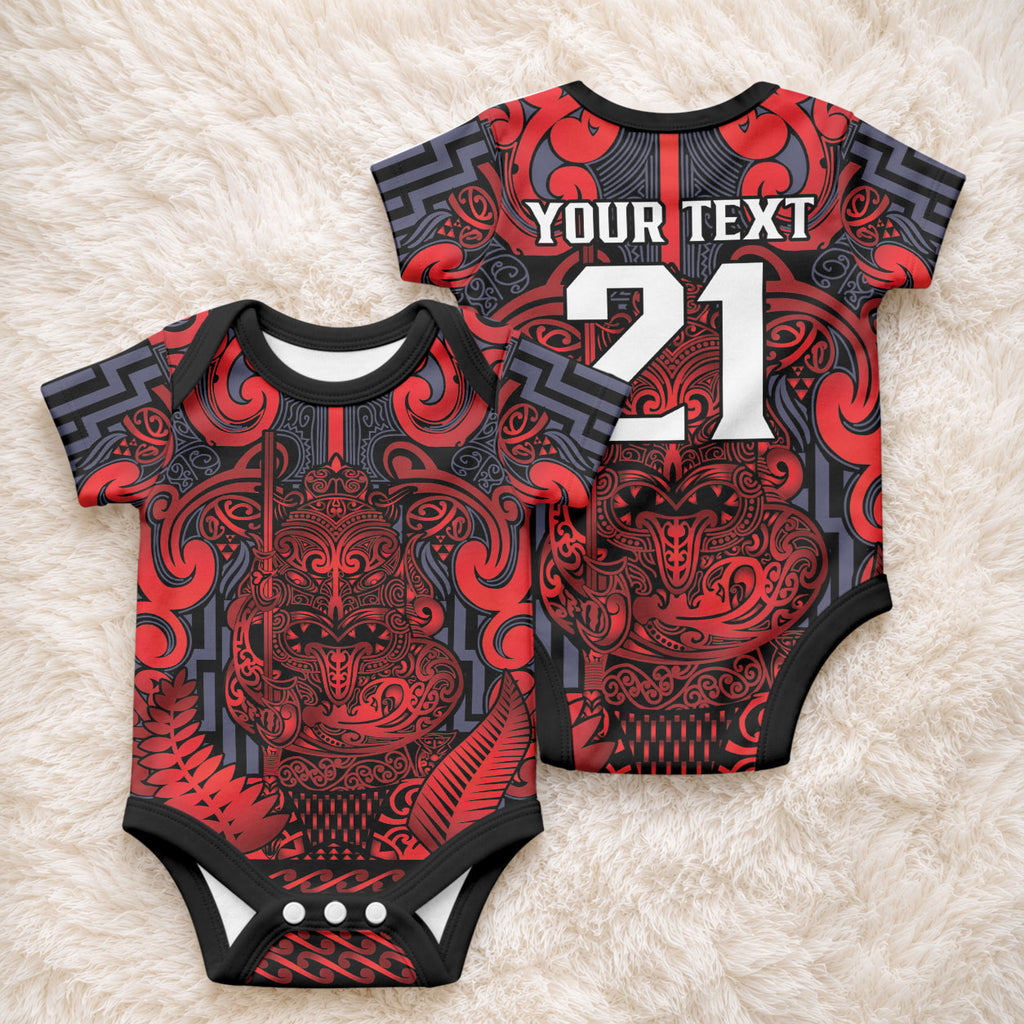 Custom New Zealand Taiaha Maori Baby Onesie Whero Minimalist Silver Fern Tukutuku Motif