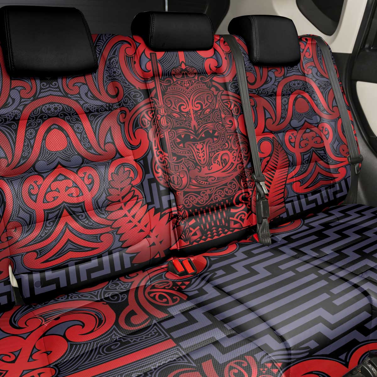 New Zealand Taiaha Maori Back Car Seat Cover Whero Minimalist Silver Fern Tukutuku Motif