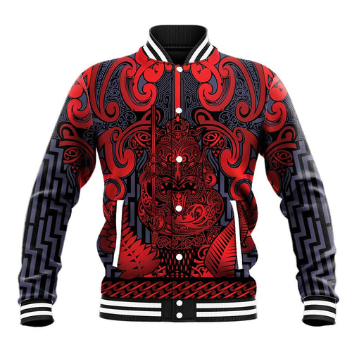 Custom New Zealand Taiaha Maori Baseball Jacket Whero Minimalist Silver Fern Tukutuku Motif