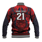 Custom New Zealand Taiaha Maori Baseball Jacket Whero Minimalist Silver Fern Tukutuku Motif