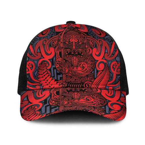 New Zealand Taiaha Maori Baseball Net Cap Whero Minimalist Silver Fern Tukutuku Motif