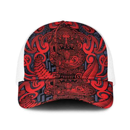 New Zealand Taiaha Maori Baseball Net Cap Whero Minimalist Silver Fern Tukutuku Motif