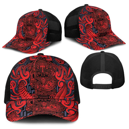 New Zealand Taiaha Maori Baseball Net Cap Whero Minimalist Silver Fern Tukutuku Motif