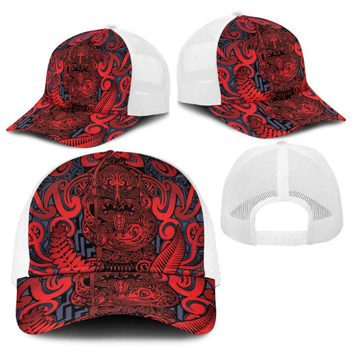 New Zealand Taiaha Maori Baseball Net Cap Whero Minimalist Silver Fern Tukutuku Motif