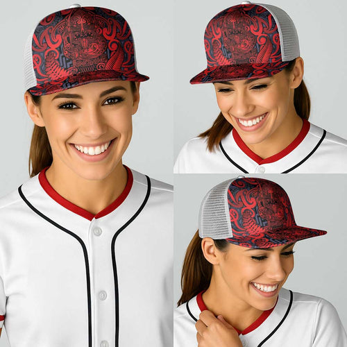 New Zealand Taiaha Maori Baseball Net Cap Whero Minimalist Silver Fern Tukutuku Motif