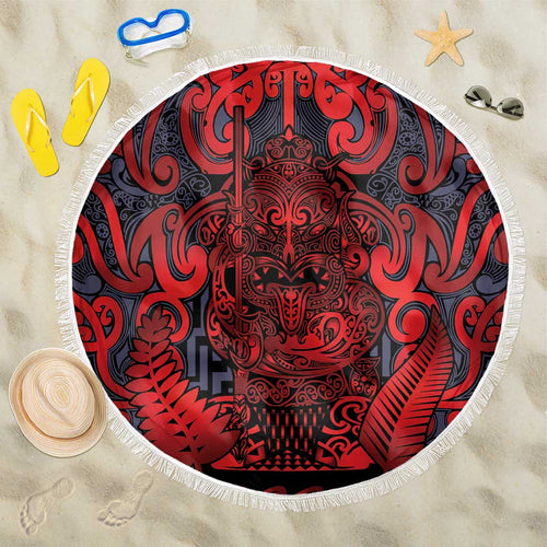 New Zealand Taiaha Maori Beach Blanket Whero Minimalist Silver Fern Tukutuku Motif