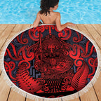 New Zealand Taiaha Maori Beach Blanket Whero Minimalist Silver Fern Tukutuku Motif