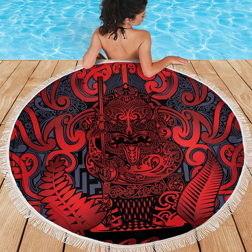 New Zealand Taiaha Maori Beach Blanket Whero Minimalist Silver Fern Tukutuku Motif