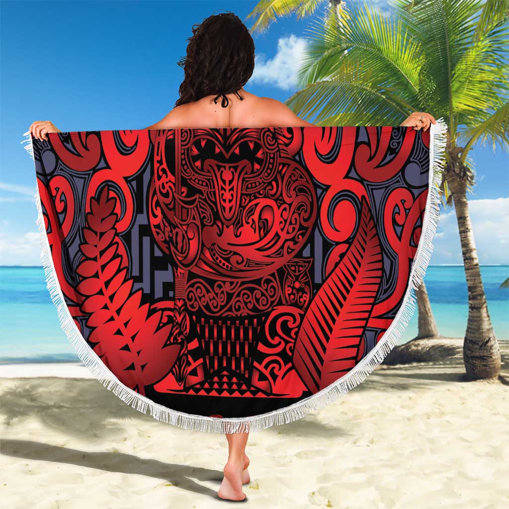 New Zealand Taiaha Maori Beach Blanket Whero Minimalist Silver Fern Tukutuku Motif