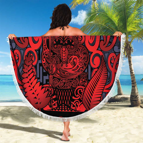New Zealand Taiaha Maori Beach Blanket Whero Minimalist Silver Fern Tukutuku Motif