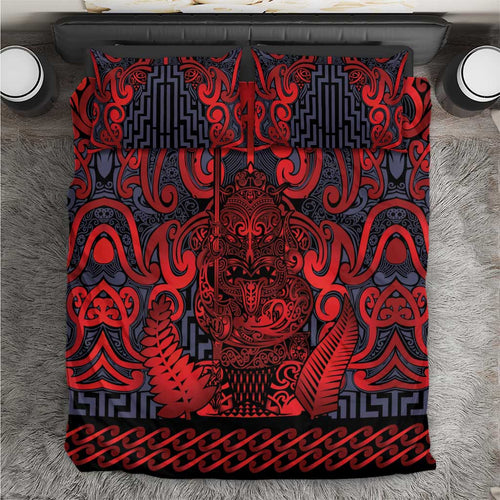 New Zealand Taiaha Maori Bedding Set Whero Minimalist Silver Fern Tukutuku Motif