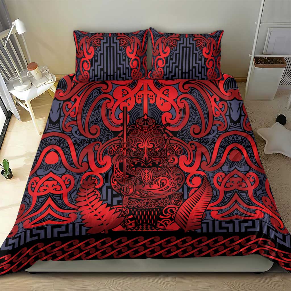 New Zealand Taiaha Maori Bedding Set Whero Minimalist Silver Fern Tukutuku Motif