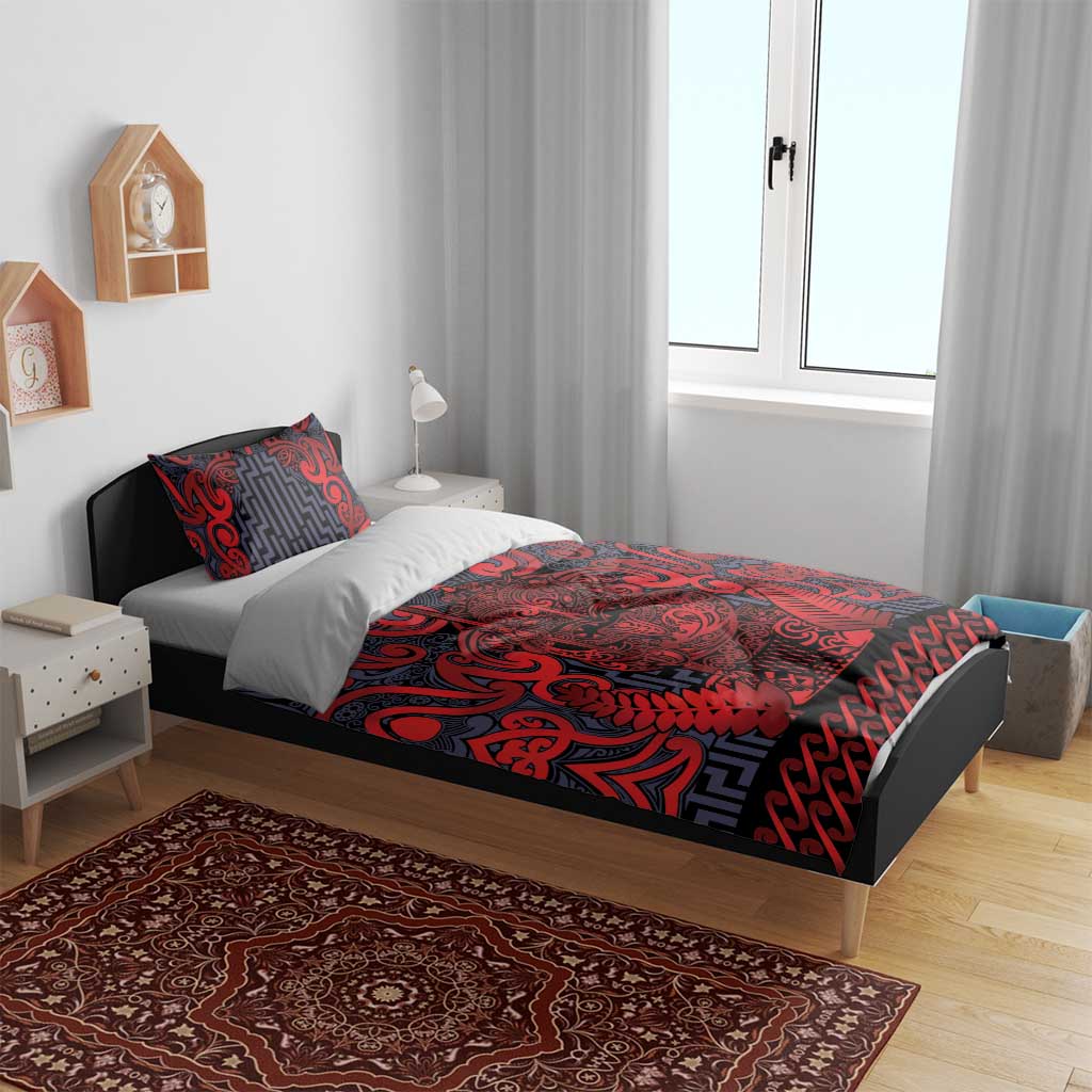 New Zealand Taiaha Maori Bedding Set Whero Minimalist Silver Fern Tukutuku Motif