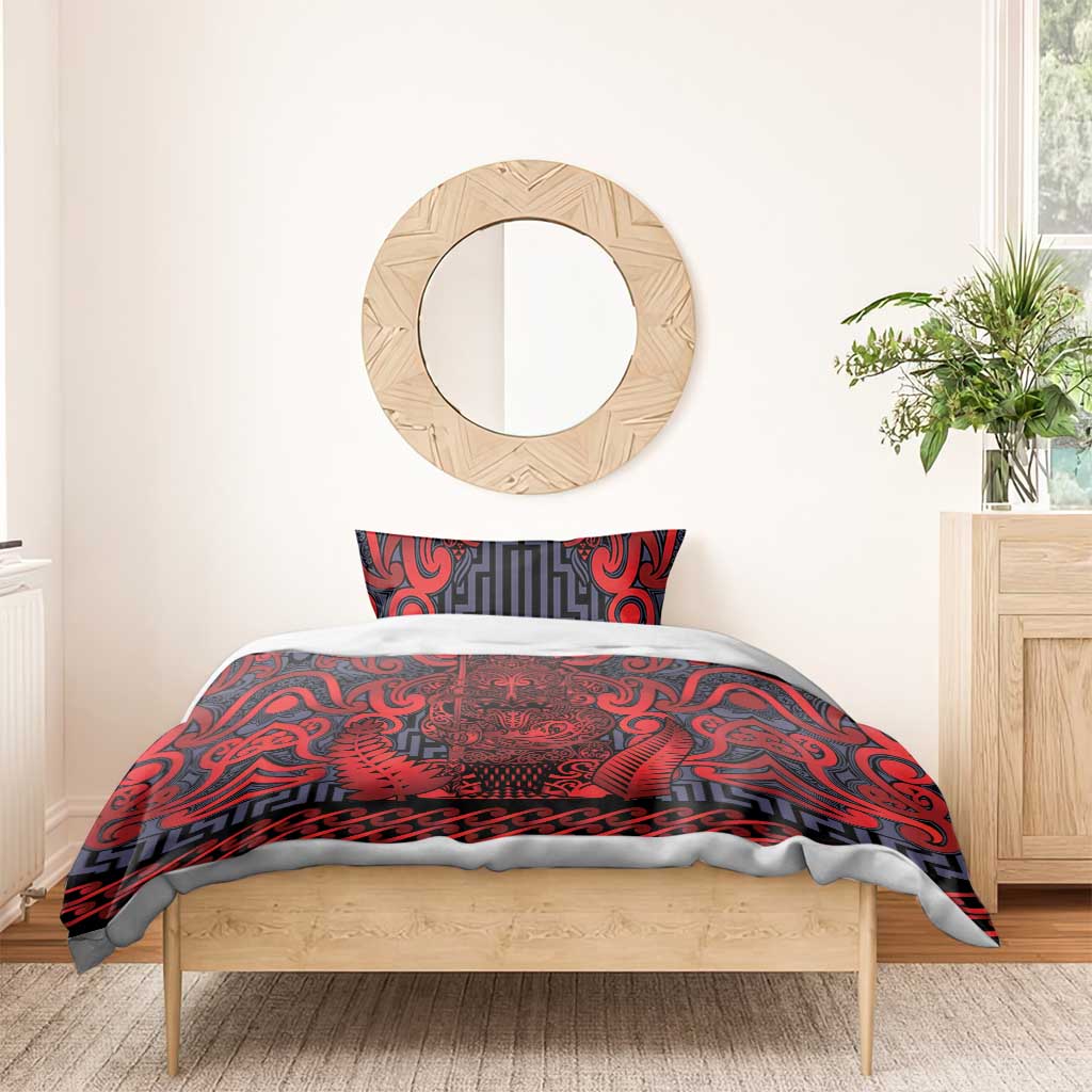 New Zealand Taiaha Maori Bedding Set Whero Minimalist Silver Fern Tukutuku Motif
