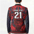 Custom New Zealand Taiaha Maori Blazer Whero Minimalist Silver Fern Tukutuku Motif