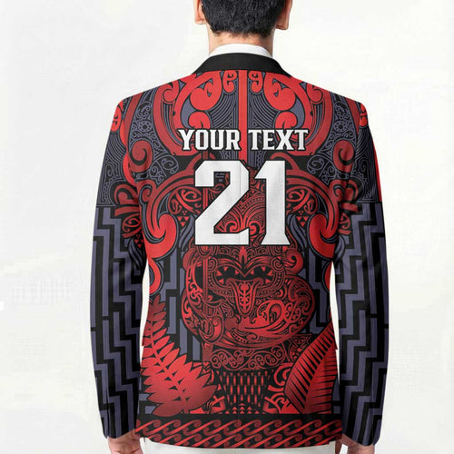 Custom New Zealand Taiaha Maori Blazer Whero Minimalist Silver Fern Tukutuku Motif