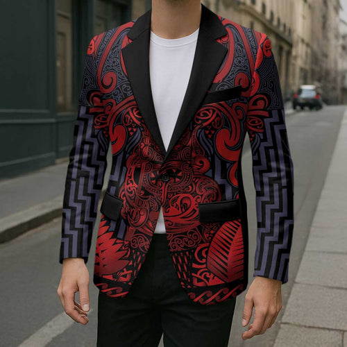 Custom New Zealand Taiaha Maori Blazer Whero Minimalist Silver Fern Tukutuku Motif