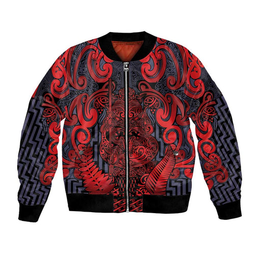 Custom New Zealand Taiaha Maori Bomber Jacket Whero Minimalist Silver Fern Tukutuku Motif