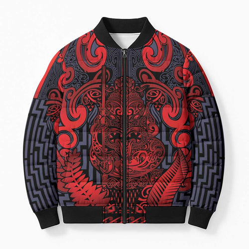 Custom New Zealand Taiaha Maori Bomber Puffer Jacket Whero Minimalist Silver Fern Tukutuku Motif