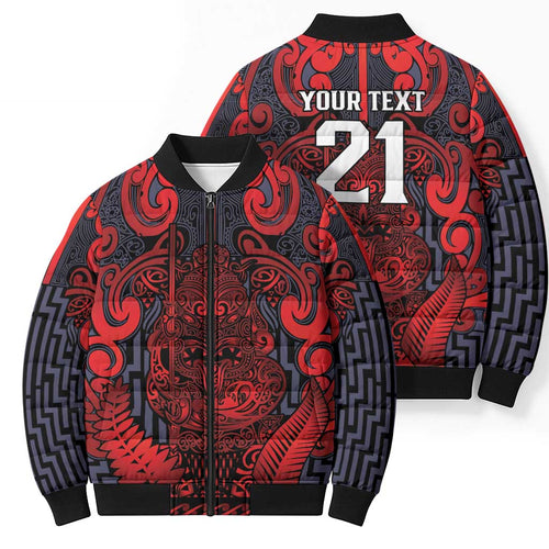 Custom New Zealand Taiaha Maori Bomber Puffer Jacket Whero Minimalist Silver Fern Tukutuku Motif