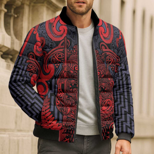 Custom New Zealand Taiaha Maori Bomber Puffer Jacket Whero Minimalist Silver Fern Tukutuku Motif