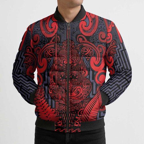Custom New Zealand Taiaha Maori Bomber Puffer Jacket Whero Minimalist Silver Fern Tukutuku Motif