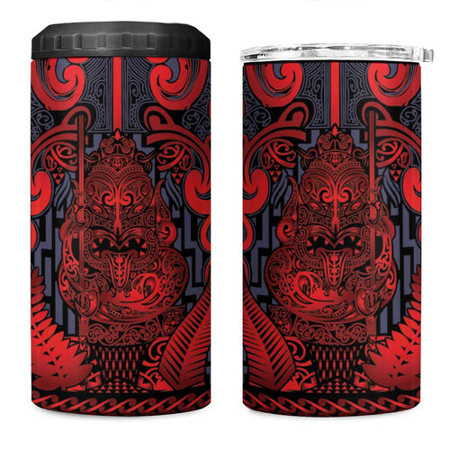 Custom New Zealand Taiaha Maori 4 in 1 Can Cooler Tumbler Whero Minimalist Silver Fern Tukutuku Motif