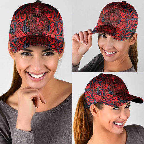 New Zealand Taiaha Maori Classic Cap Whero Minimalist Silver Fern Tukutuku Motif