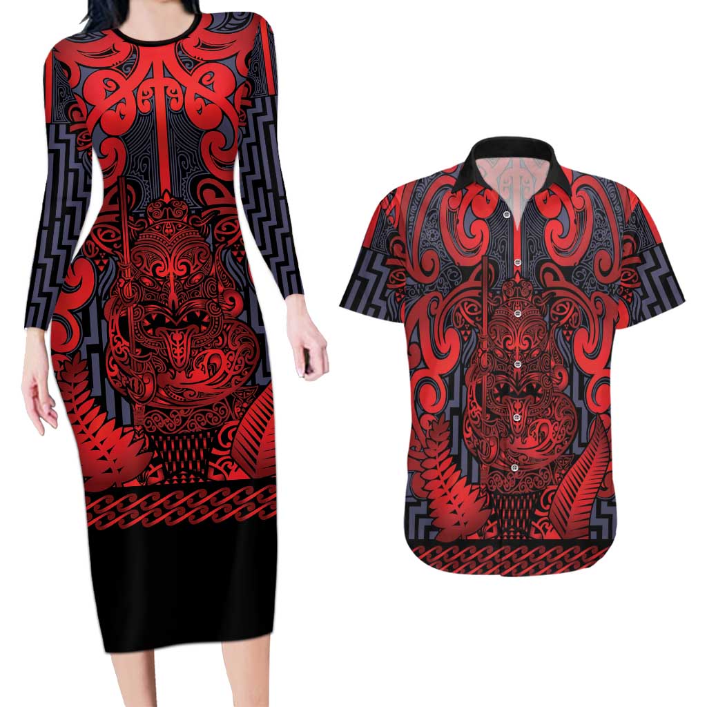 Custom New Zealand Taiaha Maori Couples Matching Long Sleeve Bodycon Dress and Hawaiian Shirt Whero Minimalist Silver Fern Tukutuku Motif