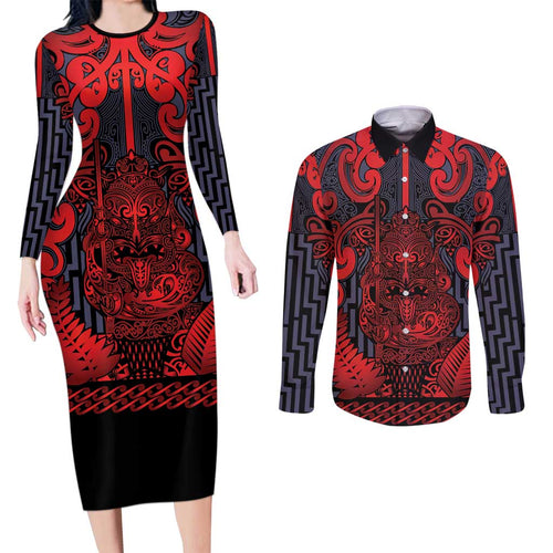 Custom New Zealand Taiaha Maori Couples Matching Long Sleeve Bodycon Dress and Long Sleeve Button Shirt Whero Minimalist Silver Fern Tukutuku Motif