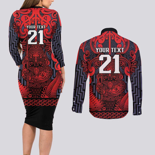 Custom New Zealand Taiaha Maori Couples Matching Long Sleeve Bodycon Dress and Long Sleeve Button Shirt Whero Minimalist Silver Fern Tukutuku Motif