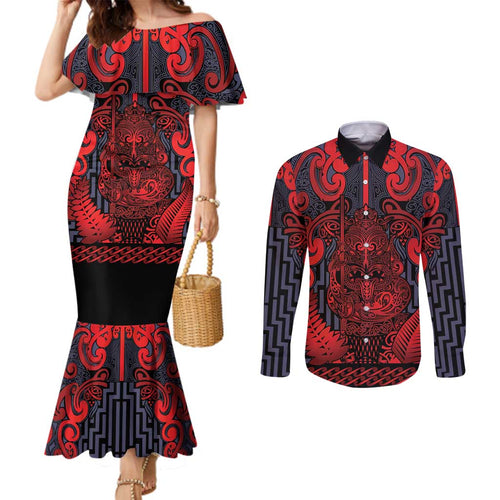 Custom New Zealand Taiaha Maori Couples Matching Mermaid Dress and Long Sleeve Button Shirt Whero Minimalist Silver Fern Tukutuku Motif