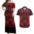 Custom New Zealand Taiaha Maori Couples Matching Off Shoulder Maxi Dress and Hawaiian Shirt Whero Minimalist Silver Fern Tukutuku Motif