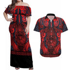 Custom New Zealand Taiaha Maori Couples Matching Off Shoulder Maxi Dress and Hawaiian Shirt Whero Minimalist Silver Fern Tukutuku Motif
