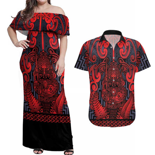 Custom New Zealand Taiaha Maori Couples Matching Off Shoulder Maxi Dress and Hawaiian Shirt Whero Minimalist Silver Fern Tukutuku Motif