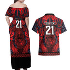 Custom New Zealand Taiaha Maori Couples Matching Off Shoulder Maxi Dress and Hawaiian Shirt Whero Minimalist Silver Fern Tukutuku Motif