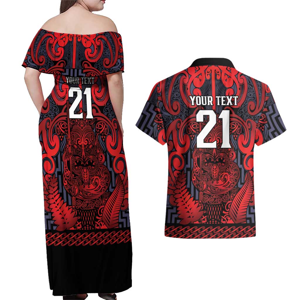 Custom New Zealand Taiaha Maori Couples Matching Off Shoulder Maxi Dress and Hawaiian Shirt Whero Minimalist Silver Fern Tukutuku Motif