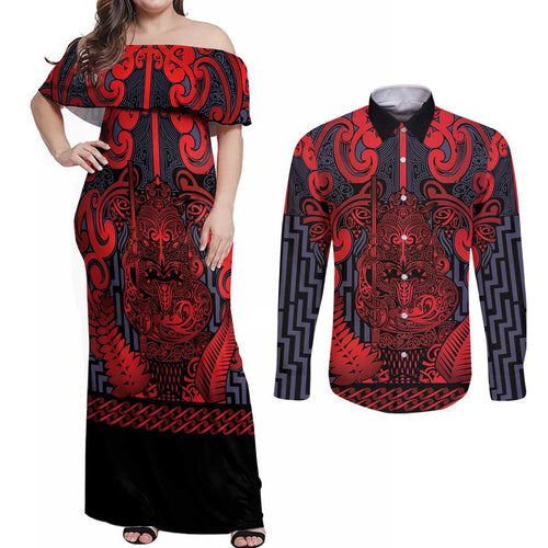 Custom New Zealand Taiaha Maori Couples Matching Off Shoulder Maxi Dress and Long Sleeve Button Shirt Whero Minimalist Silver Fern Tukutuku Motif