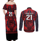 Custom New Zealand Taiaha Maori Couples Matching Off Shoulder Maxi Dress and Long Sleeve Button Shirt Whero Minimalist Silver Fern Tukutuku Motif