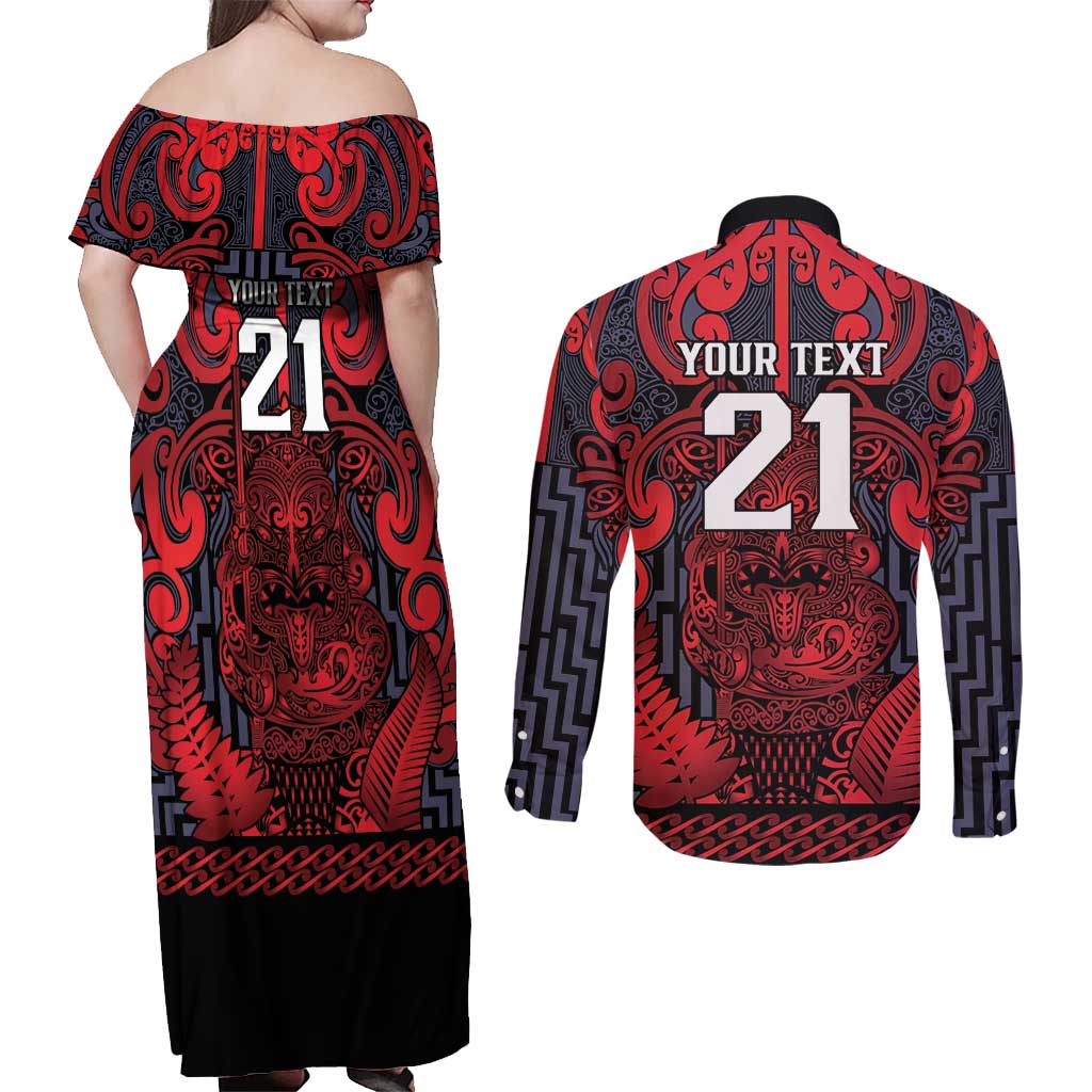 Custom New Zealand Taiaha Maori Couples Matching Off Shoulder Maxi Dress and Long Sleeve Button Shirt Whero Minimalist Silver Fern Tukutuku Motif