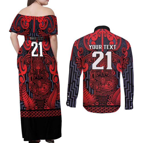 Custom New Zealand Taiaha Maori Couples Matching Off Shoulder Maxi Dress and Long Sleeve Button Shirt Whero Minimalist Silver Fern Tukutuku Motif